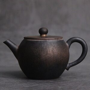front view of 5oz black mottled japanese ceramic teapot