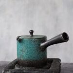 antique blue-green speckled japanese kyusu teapot full view