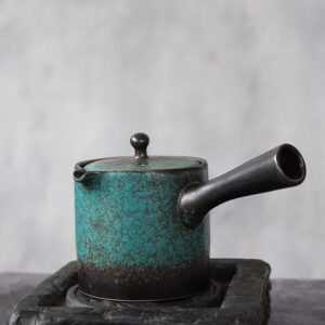 antique blue-green speckled japanese kyusu teapot full view