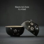 set of 2 antique japanese tea bowl black ceramic with silver sakura pattern