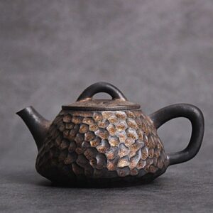 antique style japanese ceramic teapot dark brown with golden speckles full view