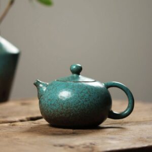antique style japanese teapot blue green crackled ceramic main view