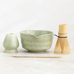 Complete 4 piece authentic japanese matcha set with ceramic chawan bamboo whisk