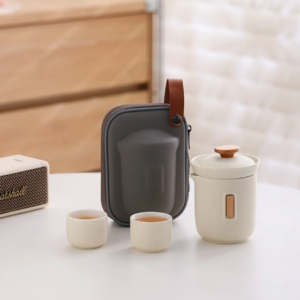 beige japanese portable ceramic travel tea set 10oz with travel bag
