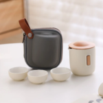 beige handcrafted portable japanese ceramic travel tea set with bag