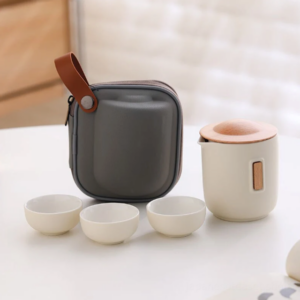 beige handcrafted portable japanese ceramic travel tea set with bag