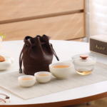 beige 4oz portable japanese travel gongfu tea set with glass gaiwan and 3 ceramic cups