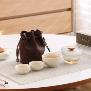 beige 4oz portable japanese travel gongfu tea set with glass gaiwan and 3 ceramic cups