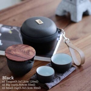black matte japanese ceramic travel tea set with carrying case closed
