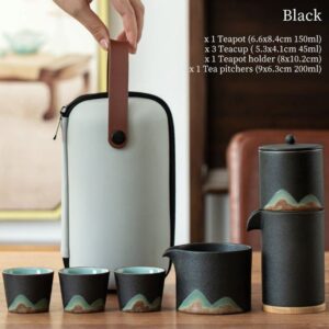 black japanese ceramic travel tea set with landscape print full set with carry case
