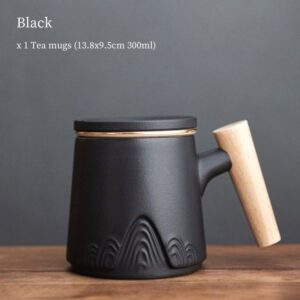 black japanese loose leaf tea infuser mug with wood handle and lid
