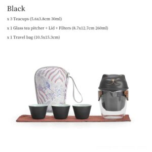 black japanese neko cat travel tea set with glass pitcher and ceramic teacups