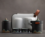 Black Japanese portable ceramic travel gongfu tea set full view with carrying bag