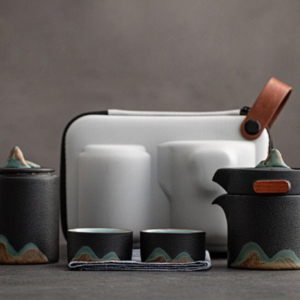 Black Japanese portable ceramic travel gongfu tea set full view with carrying bag