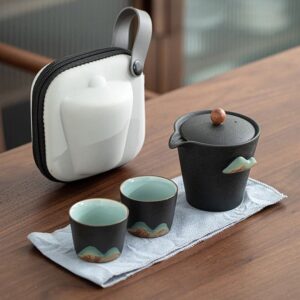 full set of black japanese portable travel ceramic tea set with carry bag, teapot and two teacups