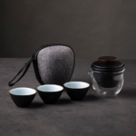 black japanese portable travel ceramic tea set with carry bag