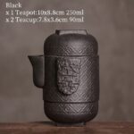 black japanese rough ceramic portable travel tea set 1 pot 2 cups full view