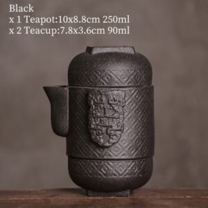 black japanese rough ceramic portable travel tea set 1 pot 2 cups full view