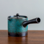 handmade blue green crackle glaze ceramic kyusu teapot full product view