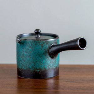 handmade blue green crackle glaze ceramic kyusu teapot full product view