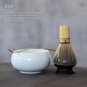 complete blue japanese matcha set with matcha bowl chasen chashaku chasen holder