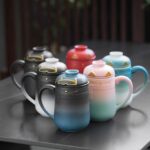 cat loose leaf tea infuser mug full product view with infuser and lid