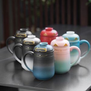 cat loose leaf tea infuser mug full product view with infuser and lid