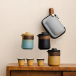 complete portable japanese ceramic gongfu travel tea set with teapot teacups wood handle and travel bag