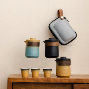 complete portable japanese ceramic gongfu travel tea set with teapot teacups wood handle and travel bag