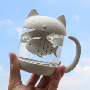 cute cat glass loose leaf tea infuser mug 8oz with fish infuser