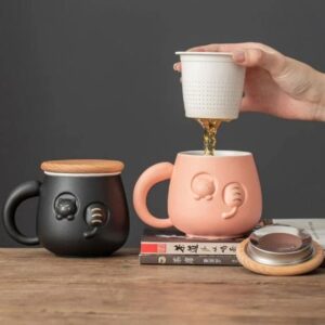 cute 3d cat loose leaf tea infuser mug matte ceramic with wood lid