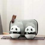 cute panda ceramic japanese travel tea set full view with carrying bag