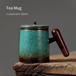 9oz ceramic emerald loose leaf tea infuser mug with wood handle full product view