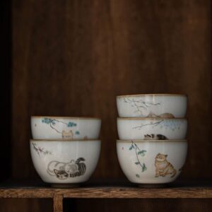 full collection of hand-painted kawaii cat japanese tea bowl ceramic teacups
