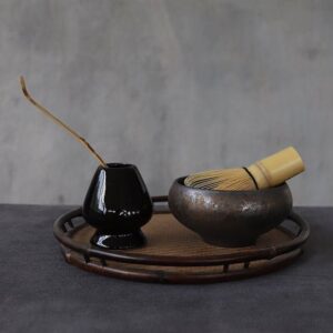 full complete 4-piece japanese matcha set with black ceramic bowl bamboo whisk and accessories