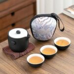 full complete black japanese portable travel tea set with carry bag bamboo tray