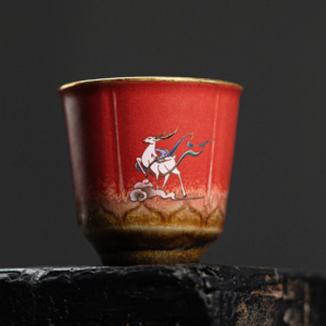 full set of 4 colored japanese deer tea cups with gold rim