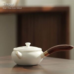 full side view of 6oz white porcelain kyusu teapot with wooden side handle