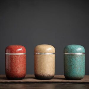 full view of handcrafted japanese ceramic tea caddy sealed tea storage