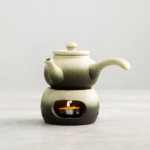 full set gradient ceramic kyusu teapot with candle tea warmer stand displayed