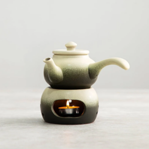 full set gradient ceramic kyusu teapot with candle tea warmer stand displayed