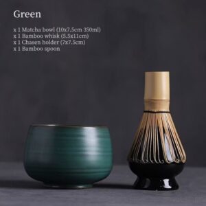 green color complete 4 piece japanese matcha set with chawan chasen naoshi chashaku
