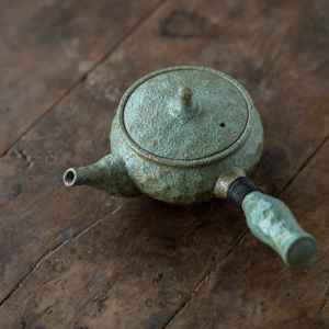 handmade green japanese kyusu teapot with warming stand 6oz