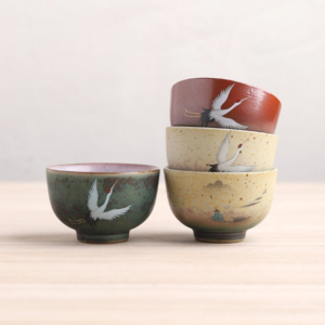 full set view of hand-painted 3oz japanese tea bowl ceramic guinomi tea cup