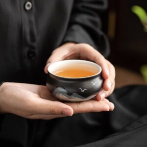 hand-painted mountain and bird 4.7oz matte black japanese tea bowl