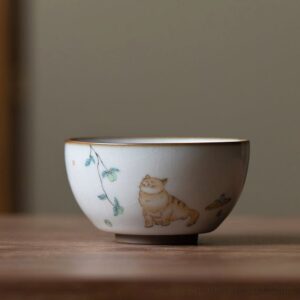 hand painted cat japanese tea bowl crackle glaze ceramic 4oz
