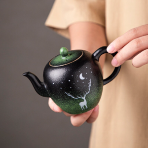 hand-painted deer moon star japanese ceramic teapot black green gradient