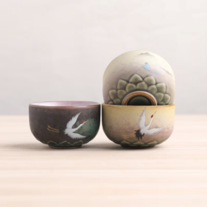 hand-painted japanese ceramic crane lotus tea bowl collection