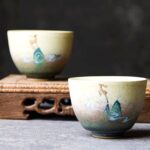 side view of hand-painted japanese deer ceramic japanese tea bowl 3.4oz