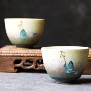 side view of hand-painted japanese deer ceramic japanese tea bowl 3.4oz